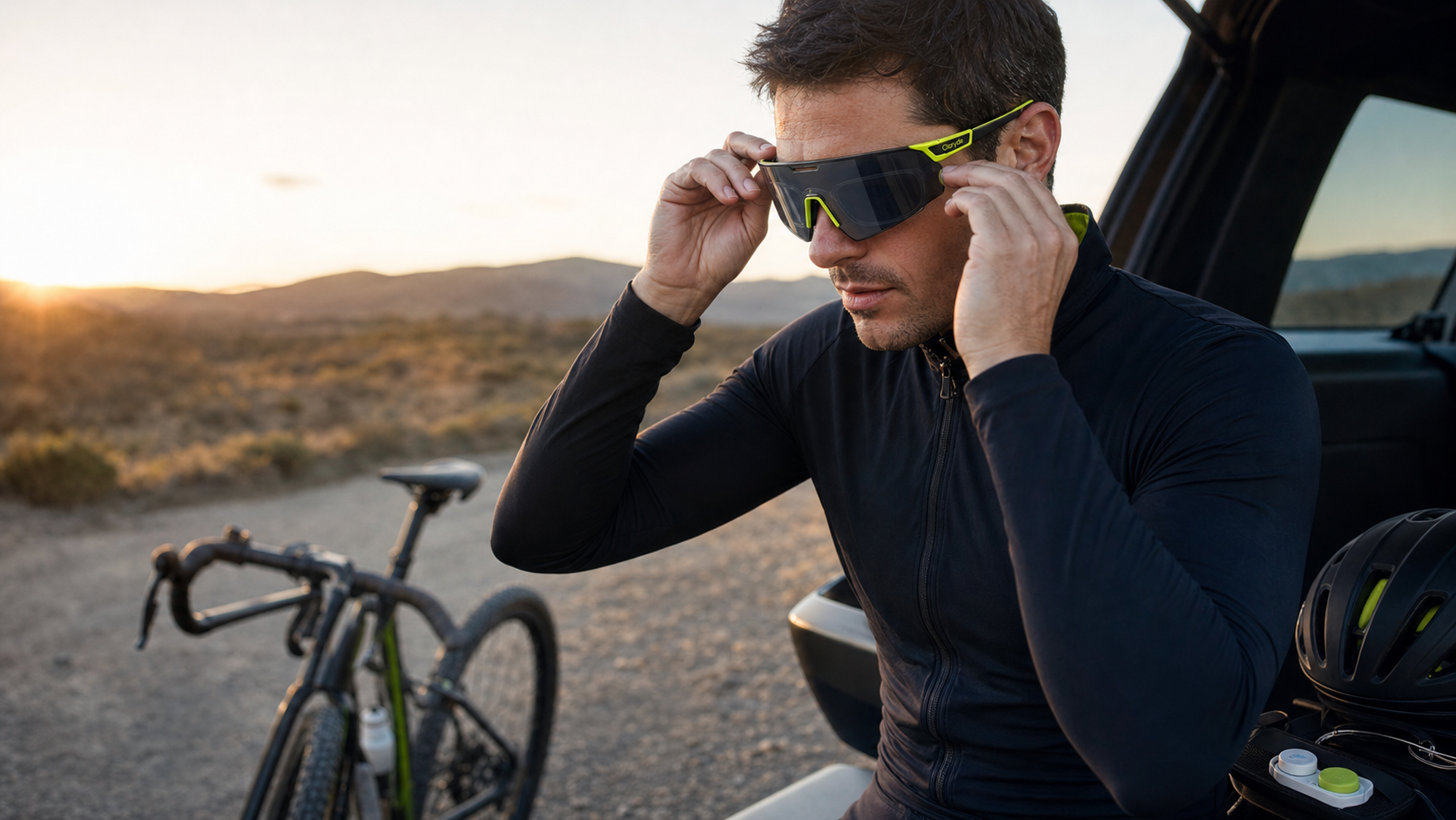 Road cyclist preparing near a car while wearing the final Claryde shield cycling glasses with lime RX insert detail