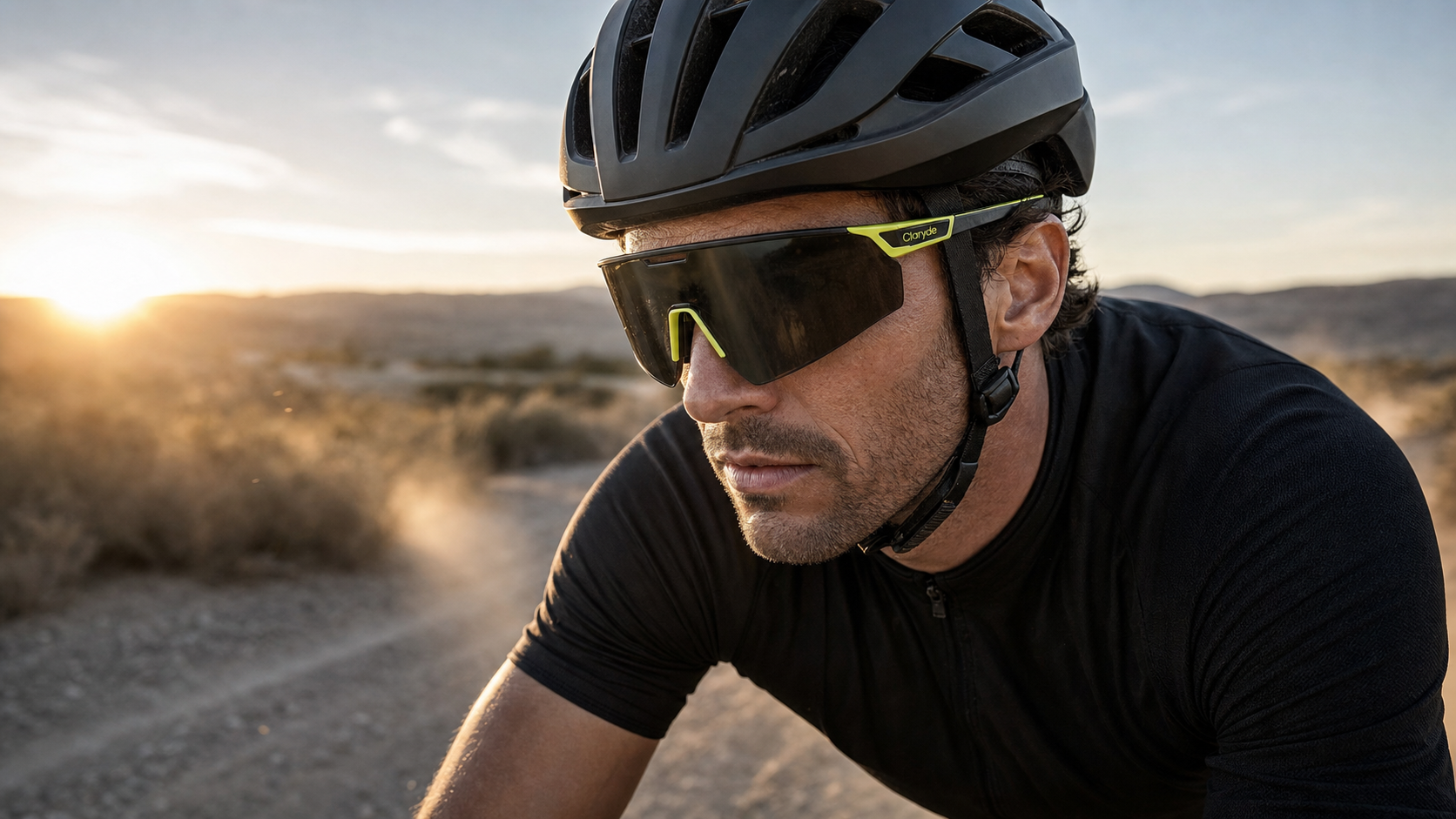 Road cyclist wearing the final Claryde shield cycling glasses on a sunrise gravel route