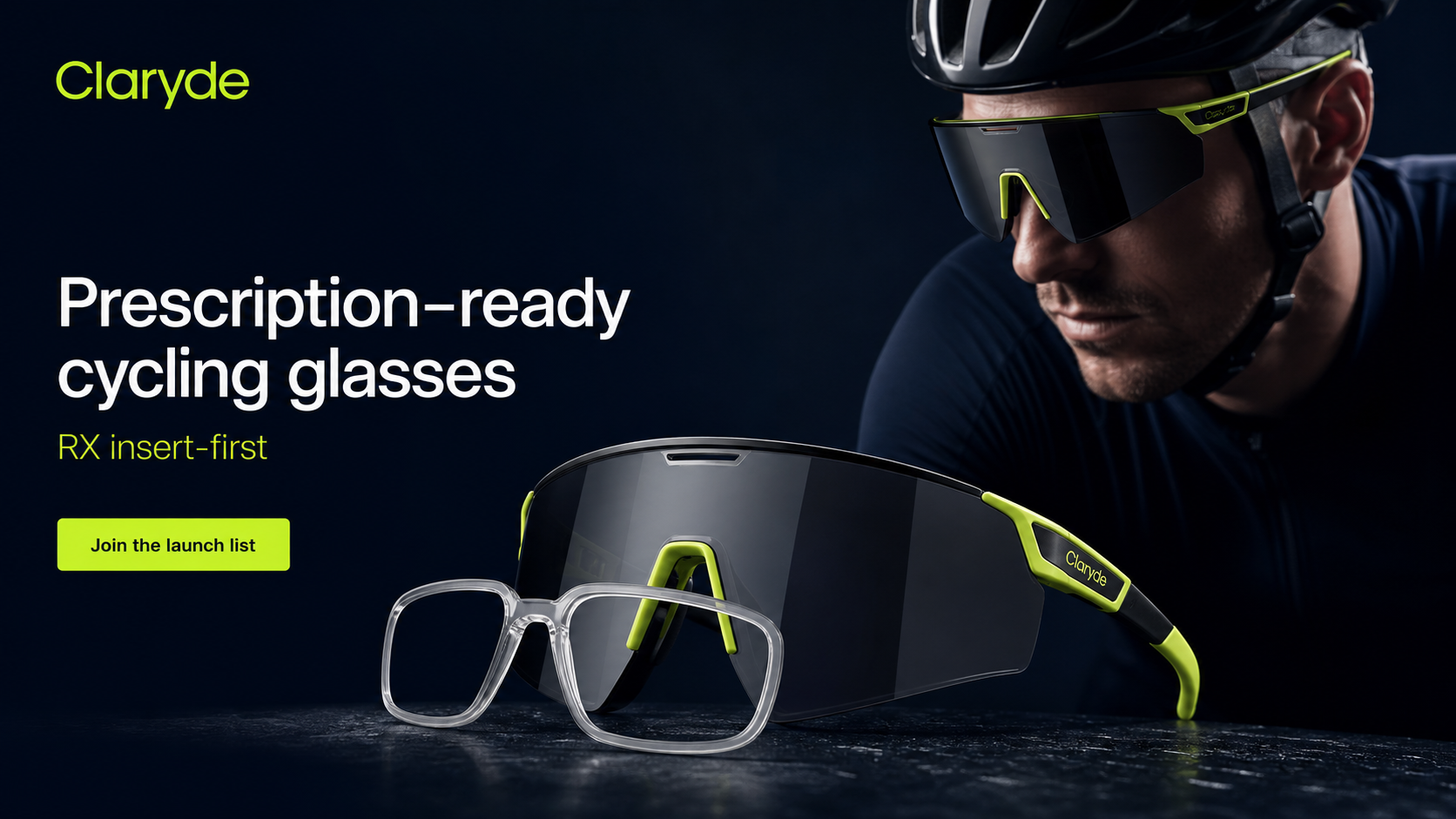 Claryde prescription-ready cycling glasses with a removable RX insert and a male cyclist wearing the shield frame